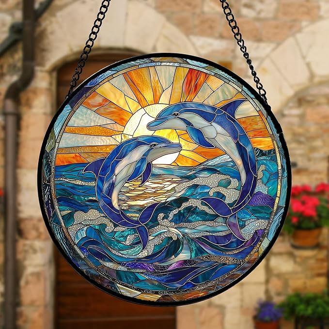 Stained Glass Window Hanging, Blue Dolphin Sun Catchers Colorful Glass Panel Sunrise Sea View Suncatcher Decor for Birthday for Women, Men, Wife, Aunt, and Mom 6.3 in