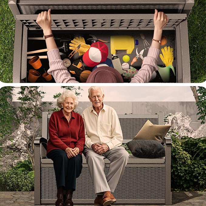 DRATO 75 Gallon Storage Bench Deck Box Outdoor Indoor,Lockable Durable All-Weather Seating with Hidden Storage,Deck Storage for Garden, Pool, Patio,Gray