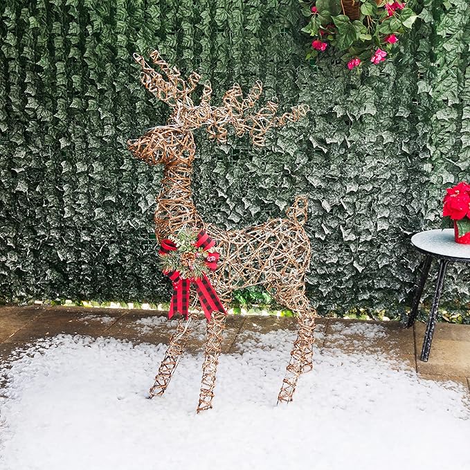 Alpine Corporation 49" Rattan Standing Reindeer Statues with Ribbon and LED Lights, Christmas Decor