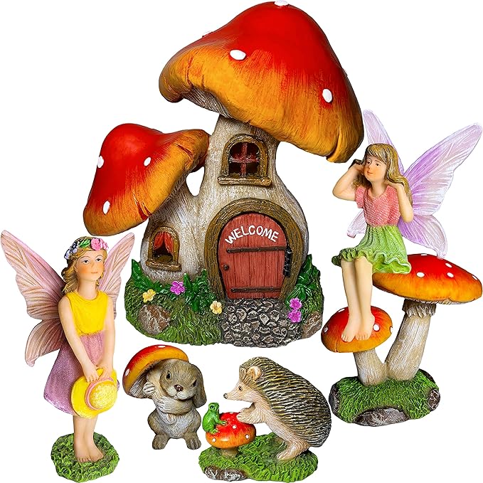 Mood Lab Fairy Garden - Mushroom House Set of 6 pcs - Miniature Figurines & Accessories Kit - for Outdoor or House Decor