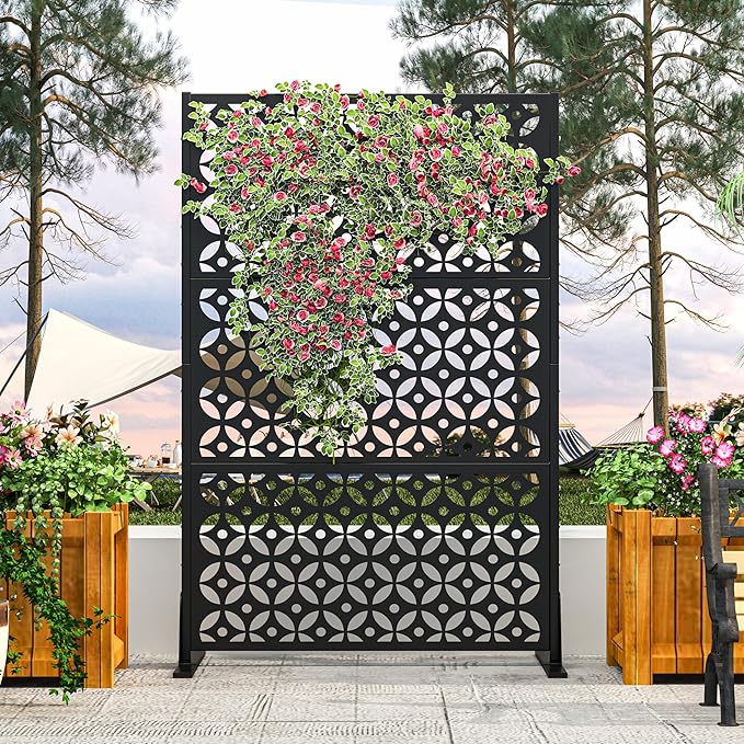 Metal Privacy Screen Outdoor, 72" H Freestanding Privacy Fence with Sturdy Stands, Decorative Privacy Panels Shield for Courtyard, Balcony, Garden and Other Indoor Places (Cross-Shaped)