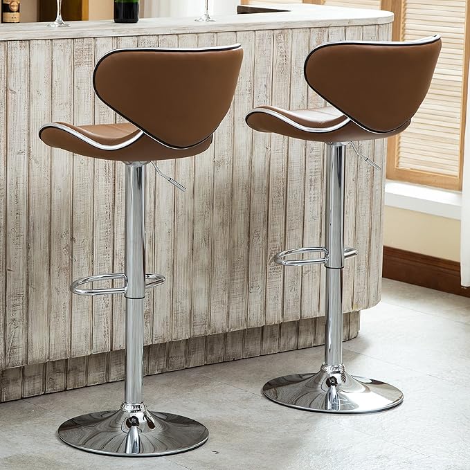 Roundhill Furniture Masaccio Cushioned Leatherette Upholstery Airlift Adjustable Swivel Barstool with Chrome Base, Set of 2, Caramel