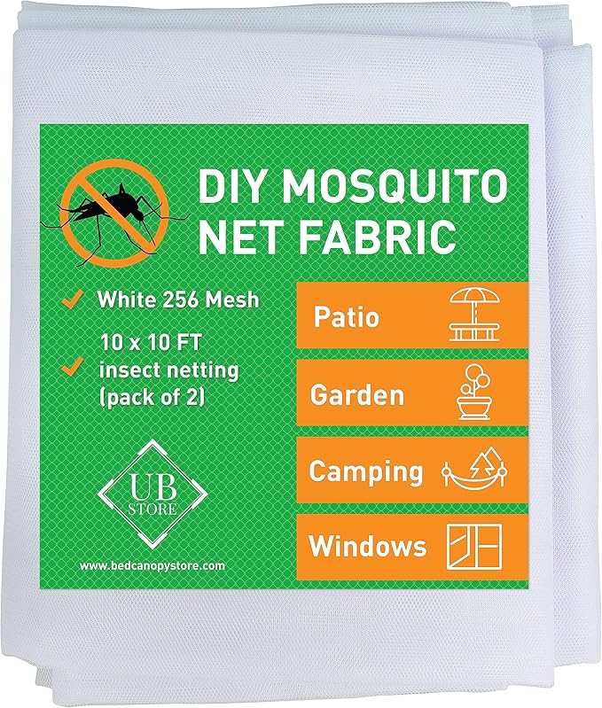 White DIY Mosquito Net Fabric | 10x10 FT Netting 2 Pack | Insect Cover for Garden, Patio, Outdoor & Windows | Multiple Sizes in Black, White & Green | Raised Bed Screen Mesh Barrier