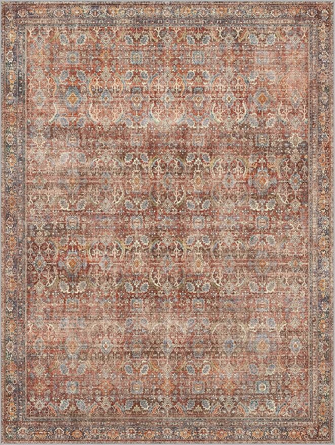 GENIMO 10x14 Area Rugs for Living Room, Machine Washable Non Slip Vintage Rugs, Low Pile Lightweight Chenille Print Rug for Bedroom, Dining Room, Home Office, Terracotta Indigo