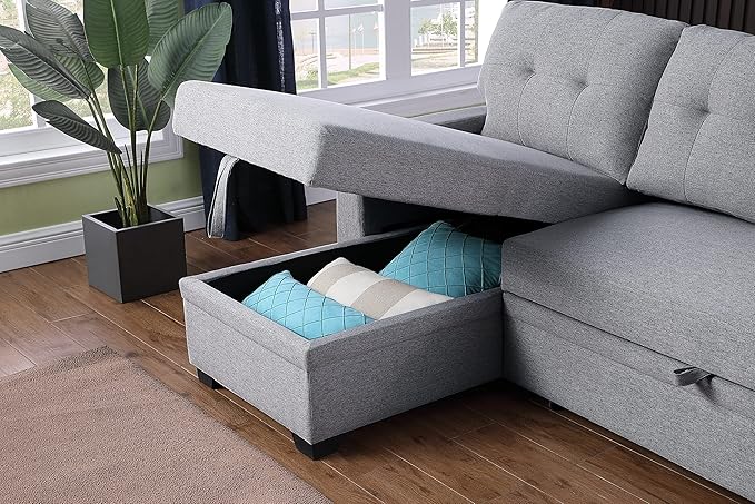 Devion Furniture Meridian 4-in-1 Convertible L Shaped Couch with Pull Out Bed and Storage, Sectional Sleeper Sofa with Reversible Chaise for Living Room, Apartment, Bedroom, Office