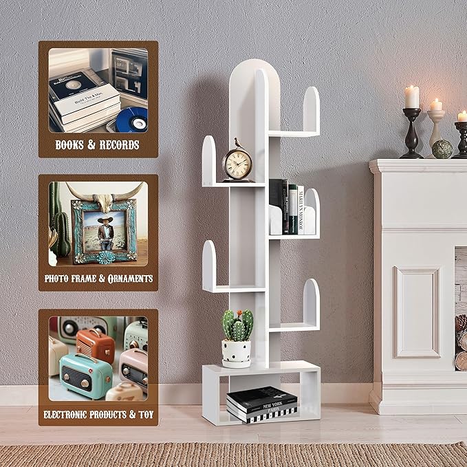 Cactus Tree Bookshelf, 5-Tier Wood 50" Tall Corner Book Storage Rack for CDs/Movies/Books, Small Space-Saving Organizer Shelves for Living Room, Bedroom, Home Office (White)