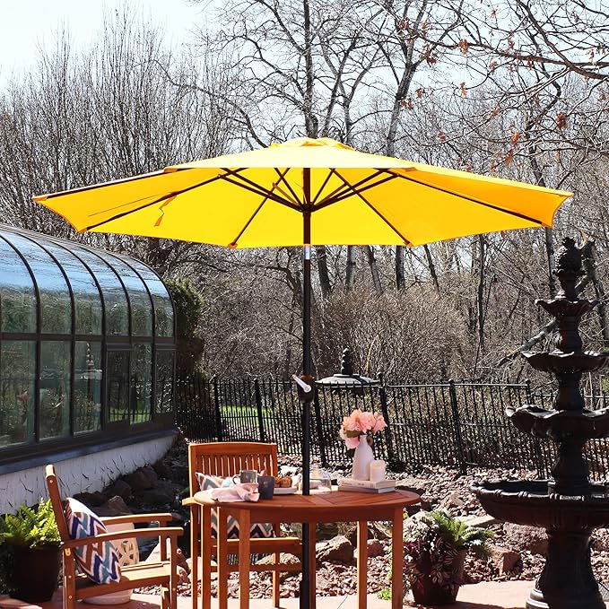 Sunnydaze Outdoor Patio Umbrella - Polyester Table Market Umbrella with Push-Button Tilt and Crank - 8 Sturdy Ribs - Gold - 9ft