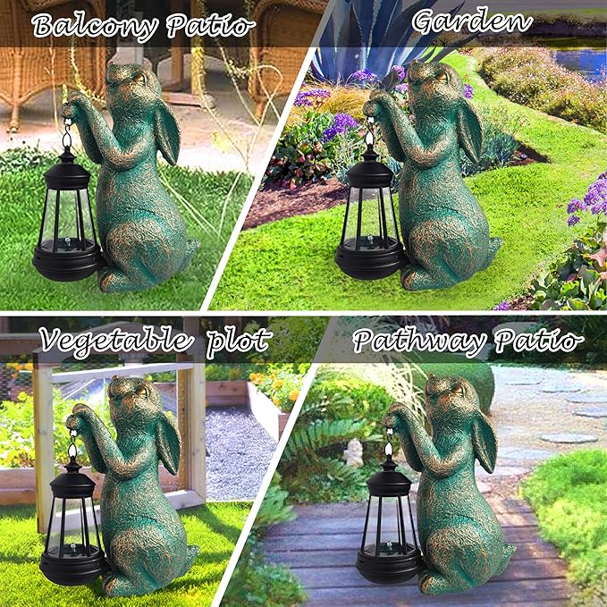 JOYBEE Garden Statues Rabbit with Solar Lantern Outdoor Decor-Rabbit Solar Figurines Lights Decorations for Patio Yard Lawn Ornaments-Gifts for Birthday Easter Housewarming