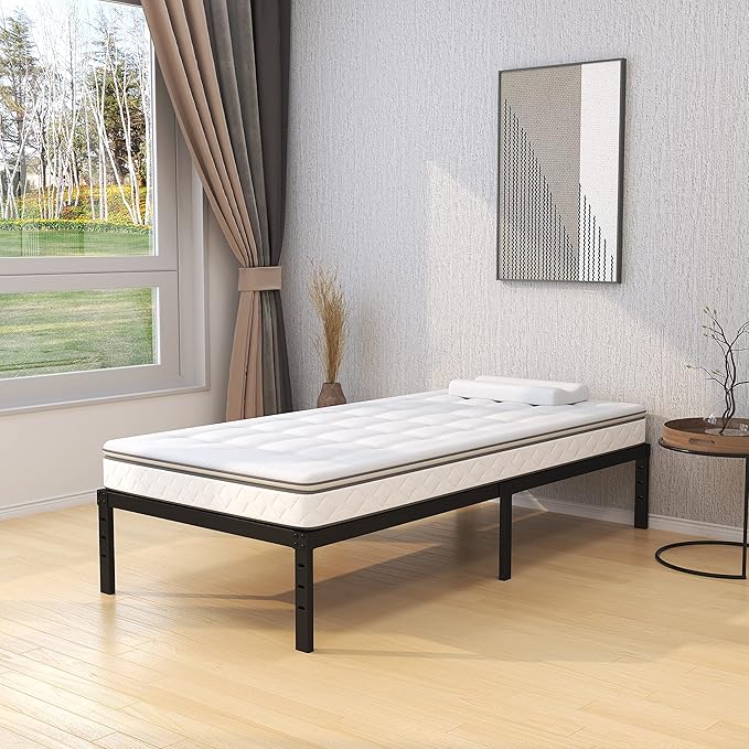 16 Inch Narrow Twin Bed Frame 30x75 No Box Spring Needed, Metal Platform 75x30 Narrow Twin Bed Frames, Eassy Assembly 3,500 lbs Heavy Duty Bedframes, Black